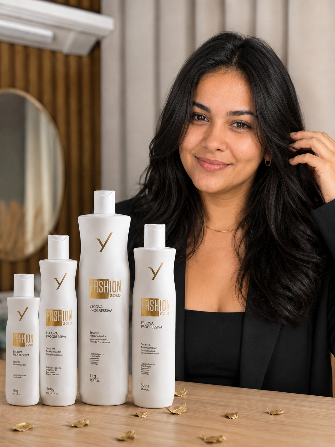 Manuela ao lado dos produtos Fashion Gold da Ybera Paris
